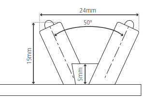 Desenho técnico do pino em V: 24 mm, 50°, 15 mm de altura